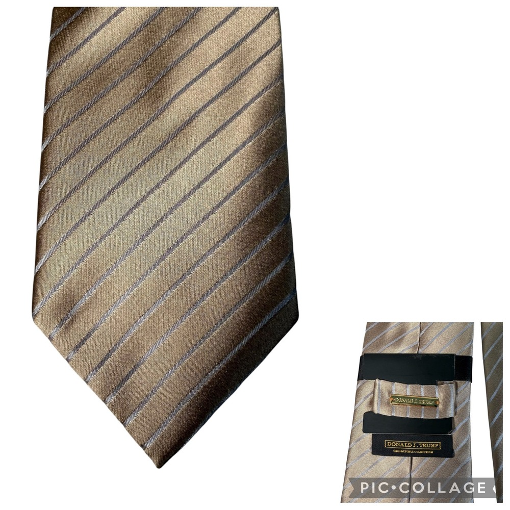 Donald J Trump Signature Collection Mens Silk Tie Gold Silver Stripe 58.5 x4 NEW